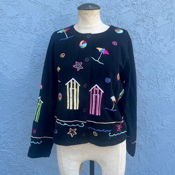 Michael simon Top black 90s beach cardigan Embroidered cotton - Picture 1 of 9